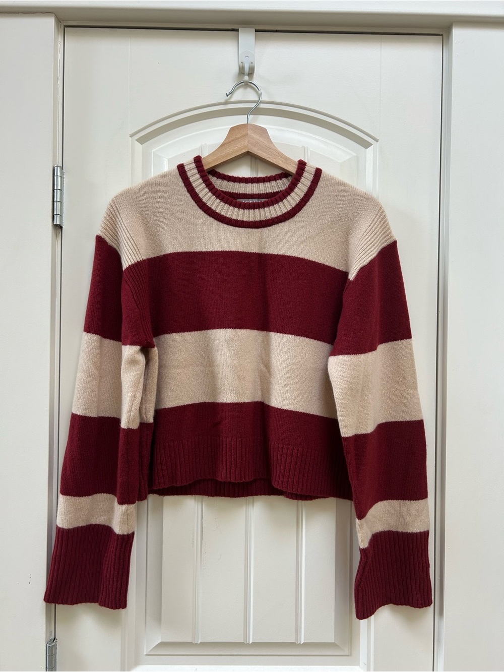J. Crew Wide-Striped Crewneck Sweater in Burgundy and Cream NWOT